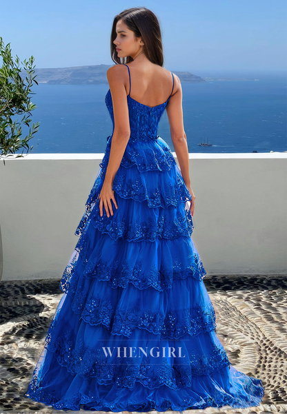 Charming A-Line Sweetheart Straps Sparkly Appliques Lace Ball Gown with Slit Party Gown