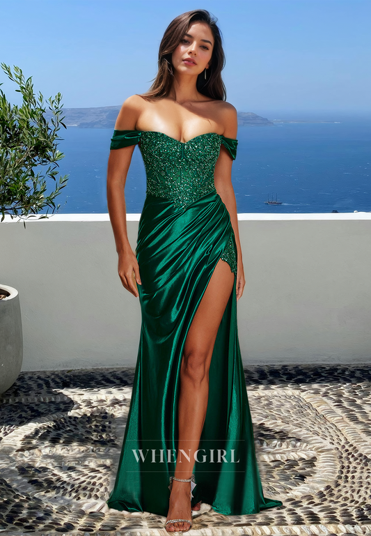Glamorous Off-Shoulder Sheath High Slit Pleats Satin Appliques Prom Formal Dress with Beads