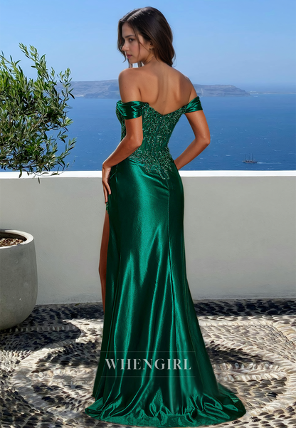 Glamorous Off-Shoulder Sheath High Slit Pleats Satin Appliques Prom Formal Dress with Beads