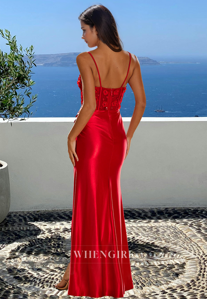 Beaded Spaghetti Straps Sweetheart High Slit Pleats Satin Party Prom Dress with Floral