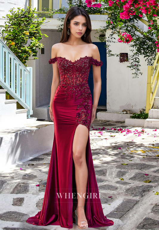 Gorgeous Fitted Satin Party Gown Sleeveless Side Slit Appliques Formal Gown with Beads