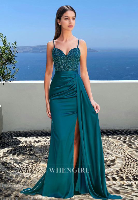 Spaghetti Straps Empire Waist Sweetheart Appliques Satin Party Prom Dress with Beaded