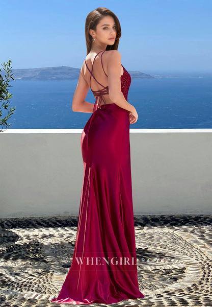 Sexy Empire Burgundy Spaghetti Straps Pleats Satin Beaded Prom Formal Gown with Applique