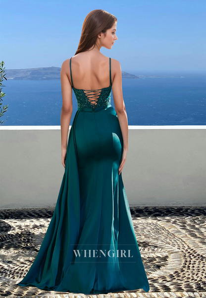 Spaghetti Straps Empire Waist Sweetheart Appliques Satin Party Prom Dress with Beaded