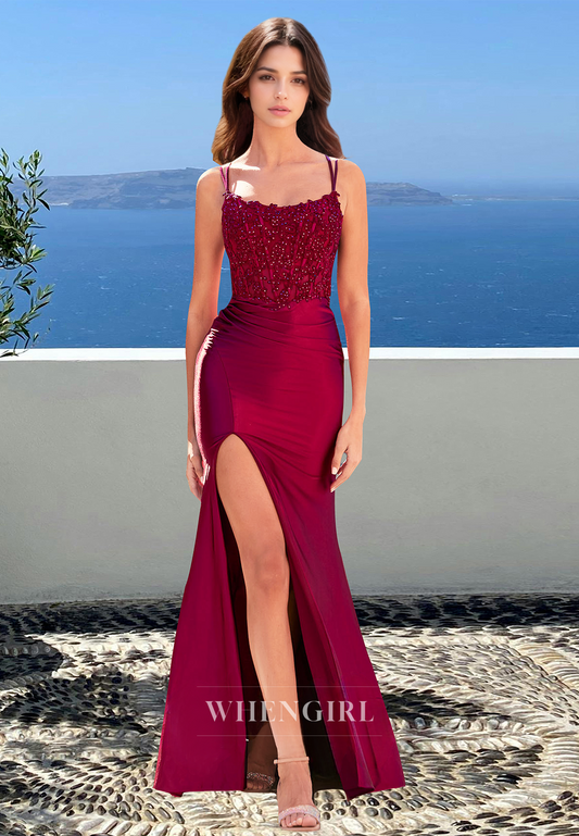 Sexy Empire Burgundy Spaghetti Straps Pleats Satin Beaded Prom Formal Gown with Applique