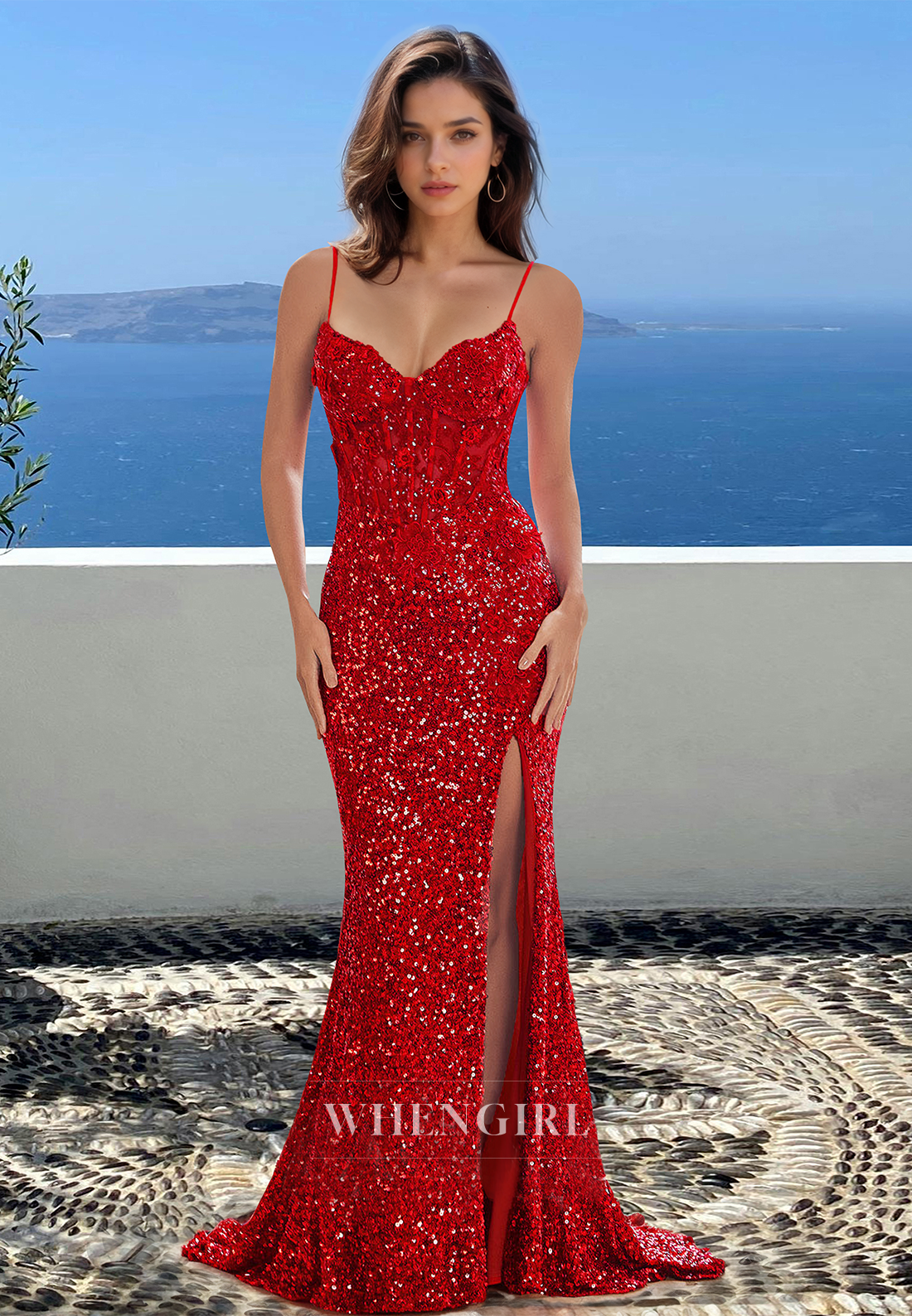 Gorgeous Spaghetti Straps Mermaid Side Slit Seuqin Party Evening Dress with Appliques