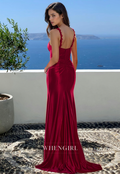 Sexy Strapless Fitted Prom Dress Sleeveless Appliques Satin Formal Gowns with Slit
