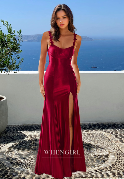 Sexy Strapless Fitted Prom Dress Sleeveless Appliques Satin Formal Gowns with Slit