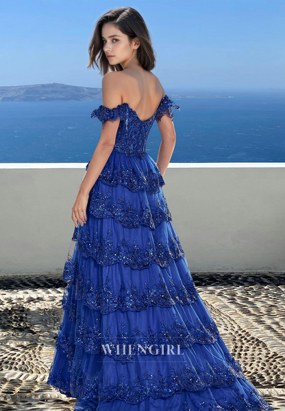 Sparkly Off-Shoulder A-Line Tiered Lace Appliques Ball Gowns with Slit Party Dress