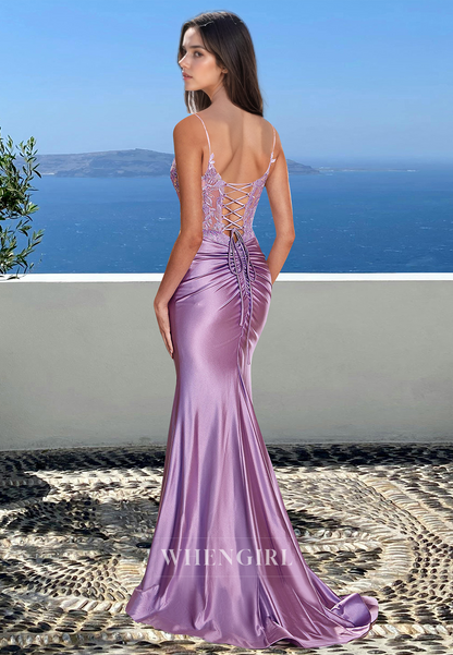 Graceful Spaghetti Straps Sheath Prom Dress Brush Train Satin Party Dress with Appliques