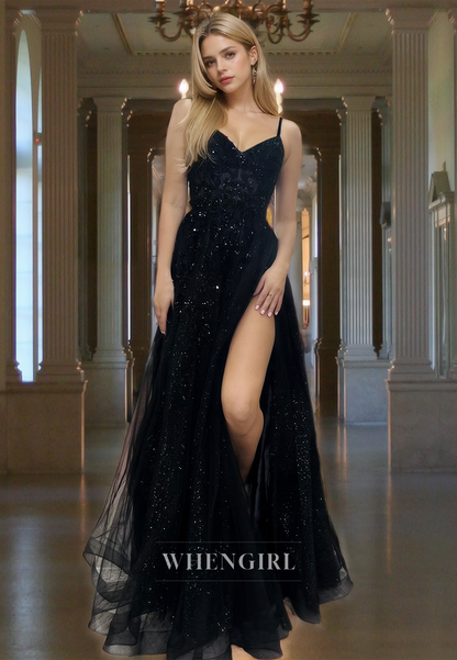 Sparkly A-Line Spaghetti Straps V-Neck High Slit Glitter Evening Prom Dress with Appliques