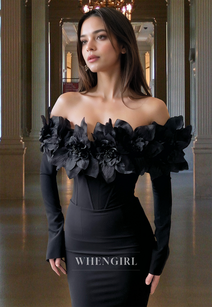 Classic Long Sleeves Strapless Mermaid Floral Satin Formal Gown with Floral Prom Dress