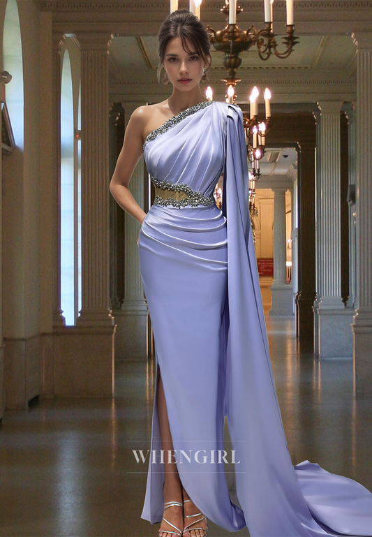 Gorgeous One Shoulder Sheath Beaded Pleats Satin Party Formal Gowns with Slit