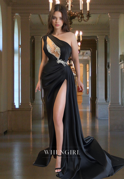 Unique Empire Waist One Shoulder High Slit Pleated Satin Formal Prom Dress with Beads