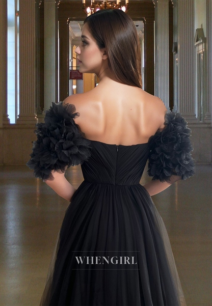 Elegant A-Line Sleeves Sweetheart Long Pleated Lace Formal Prom Dress with Slit