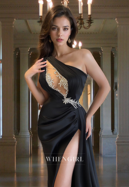 Unique Empire Waist One Shoulder High Slit Pleated Satin Formal Prom Dress with Beads