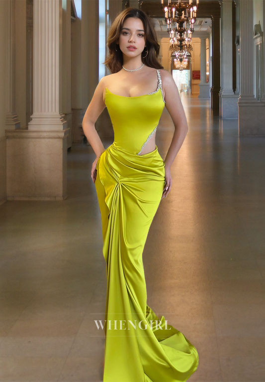 Striking One Shoulder Sweep Train Fitted Satin Prom Dress with Beaded Party Gowns