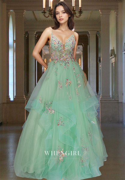 Spaghetti Straps A-Line V-Neck Stripe Pleated Lace Long Party Formal Dress with Appliques