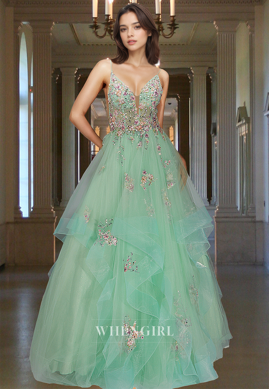 Spaghetti Straps A-Line V-Neck Stripe Pleated Lace Long Party Formal Dress with Appliques