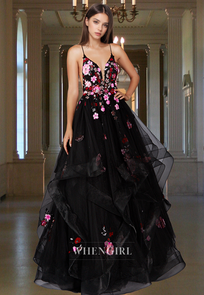 A-Line V-Neck Straps Sleeveless Pleats Lace Prom Formal Party Dress with Flower Appliques