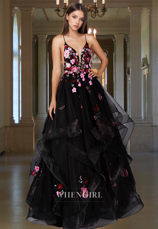 A-Line V-Neck Straps Sleeveless Pleats Lace Prom Formal Party Dress with Flower Appliques