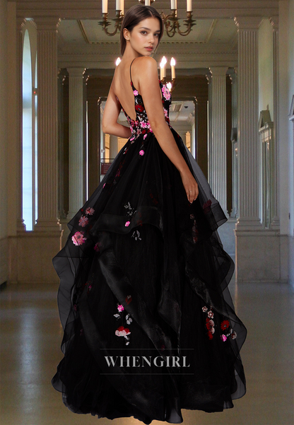 A-Line V-Neck Straps Sleeveless Pleats Lace Prom Formal Party Dress with Flower Appliques