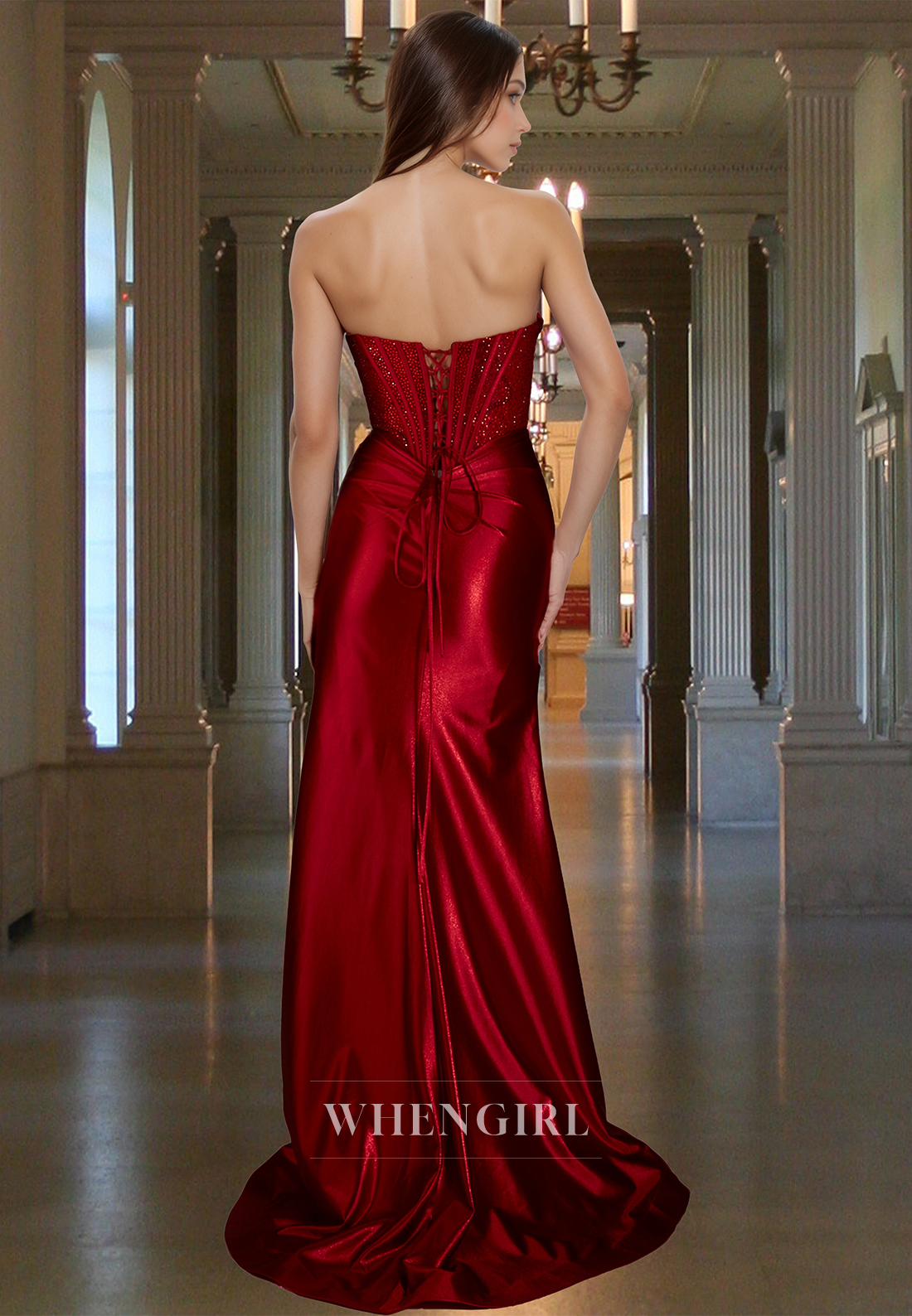 Beaded Satin Party Dress Sweetheart High Slit Pleats Satin Evening Dress with Train