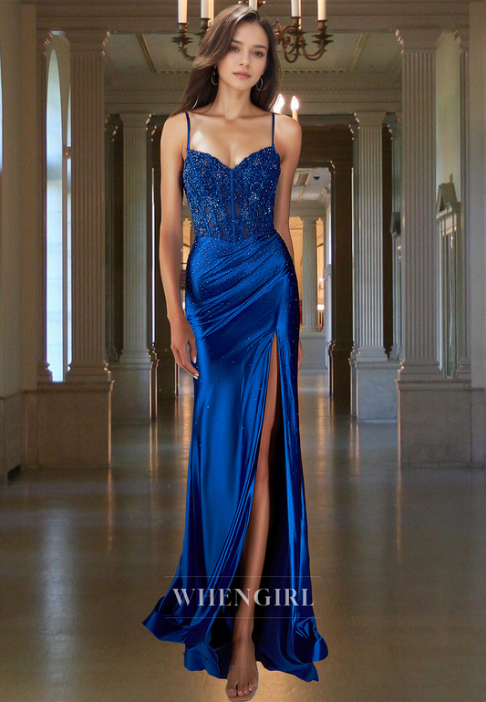 Fully Beaded Spaghetti Straps Fitted Satin Pleats Appliques Party Prom Dress with Slit
