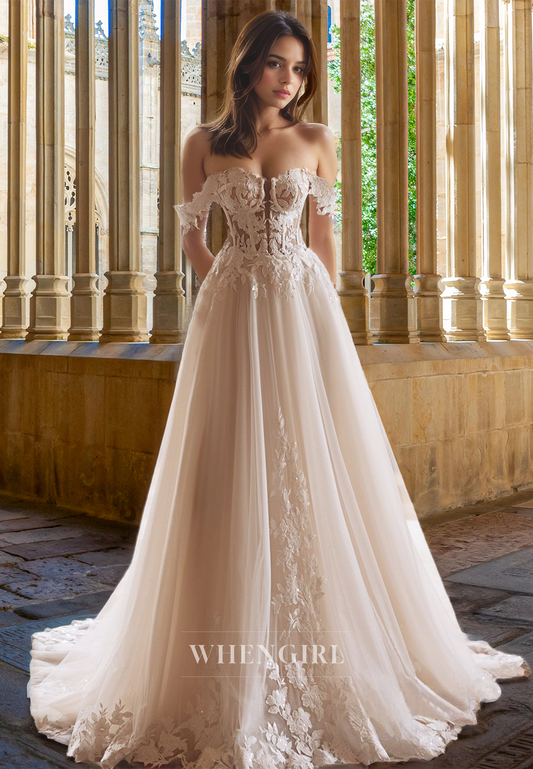 Elegant A-Line Off-Shoulder Sleeveless Appliques Lace Pleats Wedding Dress with Train