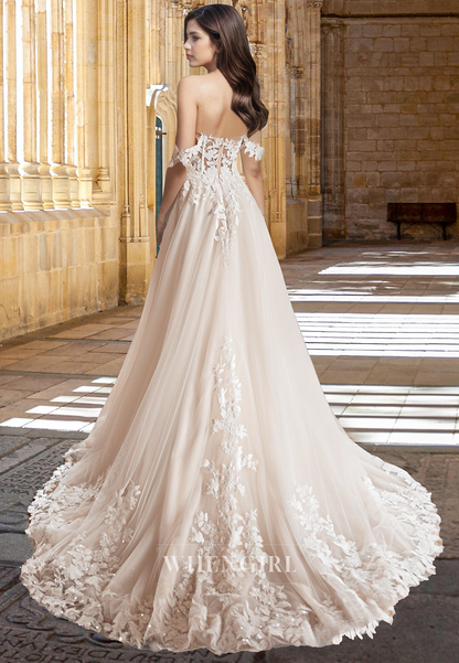 Elegant A-Line Off-Shoulder Sleeveless Appliques Lace Pleats Wedding Dress with Train