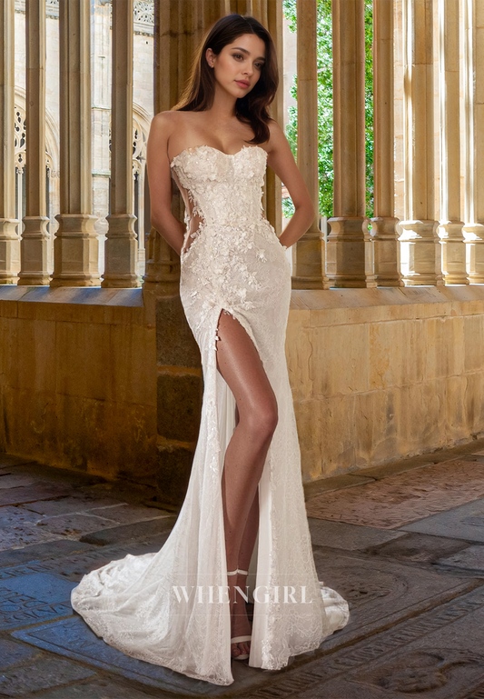 Romantic Sweetheart Sheath Sleeves High Split Appliques Lace Wedding Dress with Floral