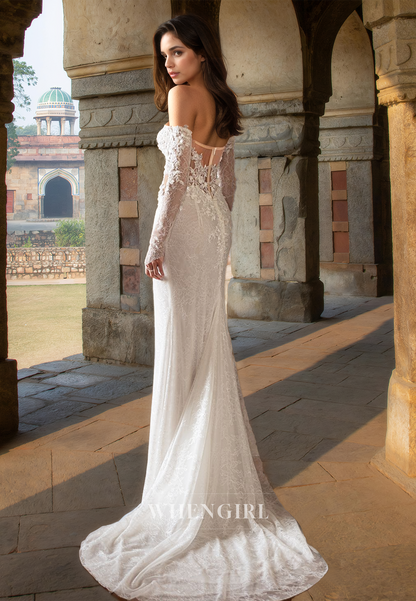 Romantic Sweetheart Sheath Sleeves High Split Appliques Lace Wedding Dress with Floral