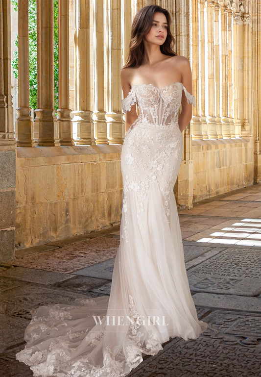 Luxurious Sweetheart Mermaid Stripe Lace Appliques Wedding Dress Bridal Gown with Train