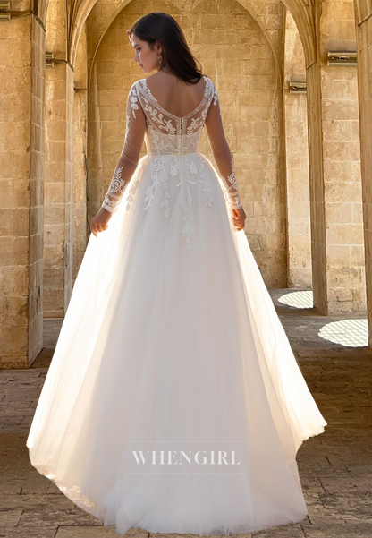 Classic Long Sleeves A-Line V-Neck Appliques Lace Long Beach Gowns Boho Wedding Dress