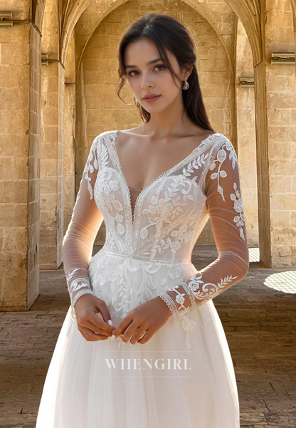 Classic Long Sleeves A-Line V-Neck Appliques Lace Long Beach Gowns Boho Wedding Dress