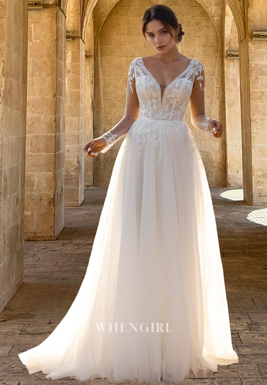 Classic Long Sleeves A-Line V-Neck Appliques Lace Long Beach Gowns Boho Wedding Dress