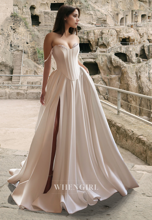 Elegant Sweetheart Mermaid Satin Beaded Satin Bridal Gowns Wedding Dress with Overskirt
