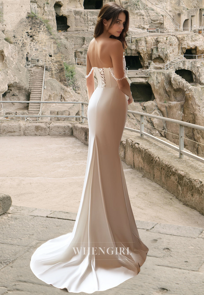 Elegant Sweetheart Mermaid Satin Beaded Satin Bridal Gowns Wedding Dress with Overskirt