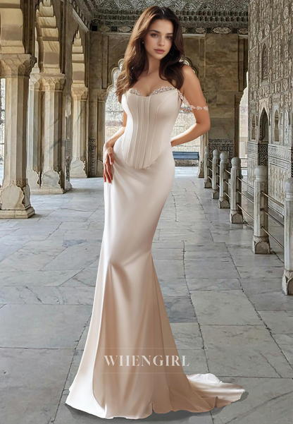 Elegant Sweetheart Mermaid Satin Beaded Satin Bridal Gowns Wedding Dress with Overskirt