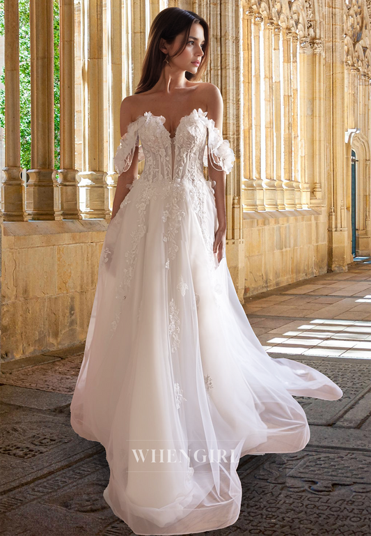 Beaded Sweetheart A-Line Pleats Lace Floral Beach Wedding Dress with Appliques Boho Gown