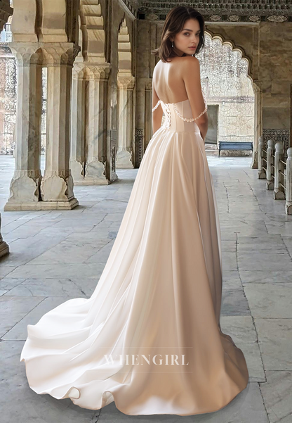 Elegant Sweetheart Mermaid Satin Beaded Satin Bridal Gowns Wedding Dress with Overskirt