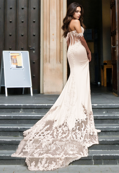 Distinctive Off-Shoulder Sweetheart Mermaid Satin Appliques Bridal Gowns with Train