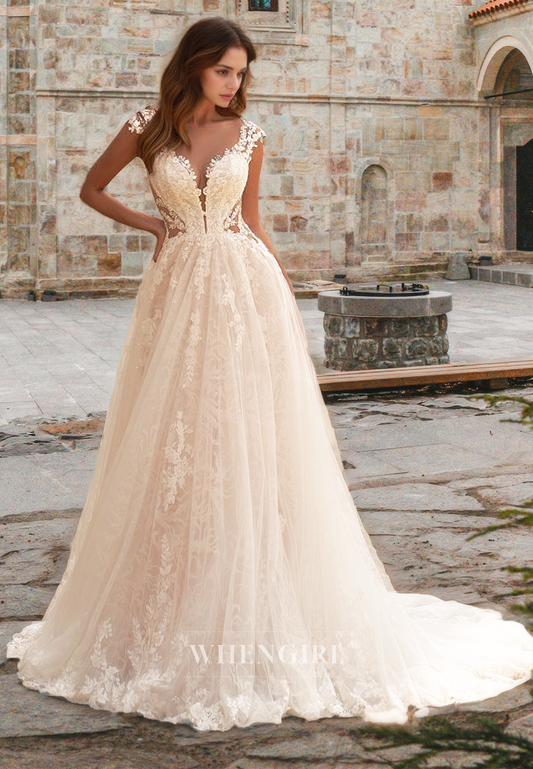 Bohemian Cap Sleeves V-Neck A-Line Sweep Train Pleats Lace Beach Wedding Dress with Appliques