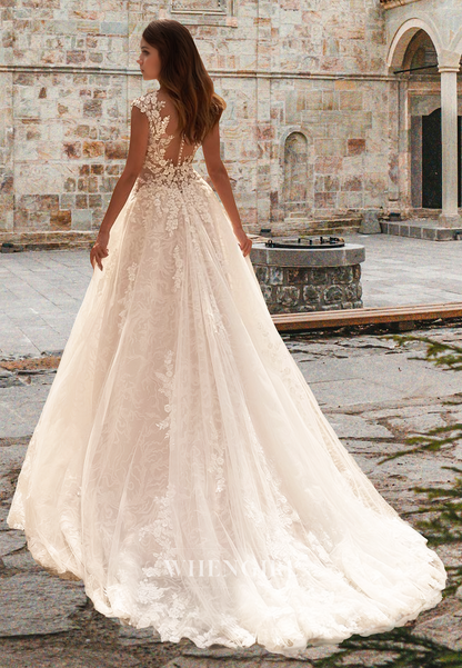 Bohemian Cap Sleeves V-Neck A-Line Sweep Train Pleats Lace Beach Wedding Dress with Appliques