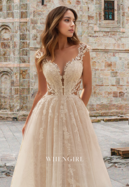Bohemian Cap Sleeves V-Neck A-Line Sweep Train Pleats Lace Beach Wedding Dress with Appliques