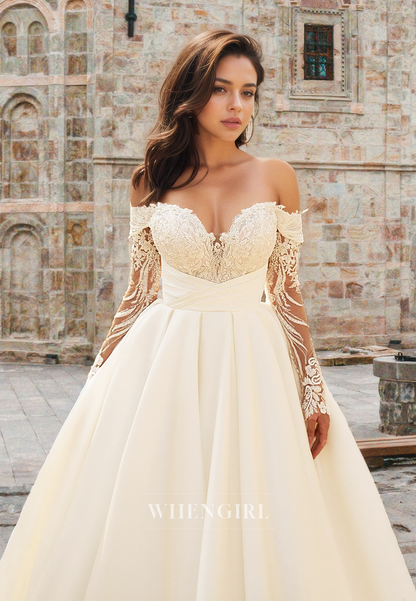 Elegant A-Line Long Sleeves Wedding Dress Sweetheart Appliques Satin Bridal Gowns with Train