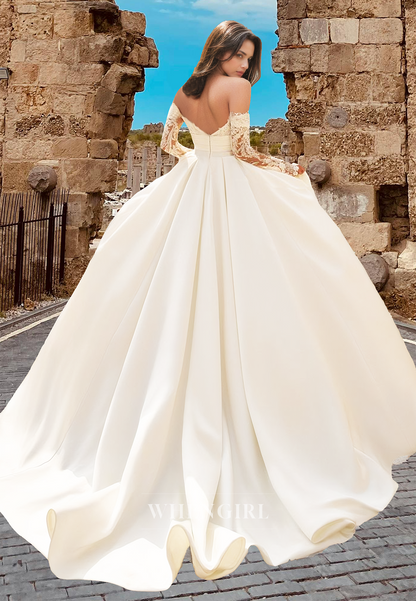 Elegant A-Line Long Sleeves Wedding Dress Sweetheart Appliques Satin Bridal Gowns with Train