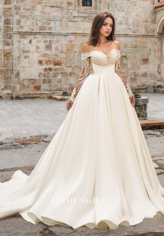Elegant A-Line Long Sleeves Wedding Dress Sweetheart Appliques Satin Bridal Gowns with Train