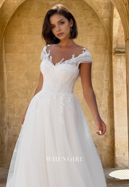 Bohemian A-Line Cap Sleeves Scoop Neck Pleats Lace Beach Wedding Dress with Applique
