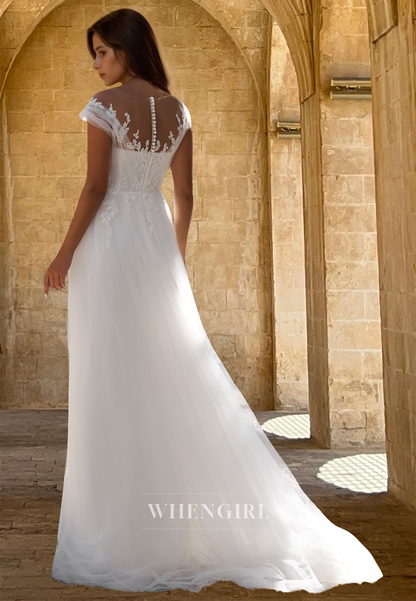 Bohemian A-Line Cap Sleeves Scoop Neck Pleats Lace Beach Wedding Dress with Applique